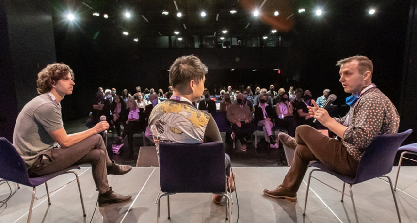 The 2021 Festival was a hybrid event, with filmed presentations of eight new musicals screened for an in-person industry audience and streamed online. Here, New Works Director Mark Blankenship interviews the writers from Māyā on stage at the in-person event.