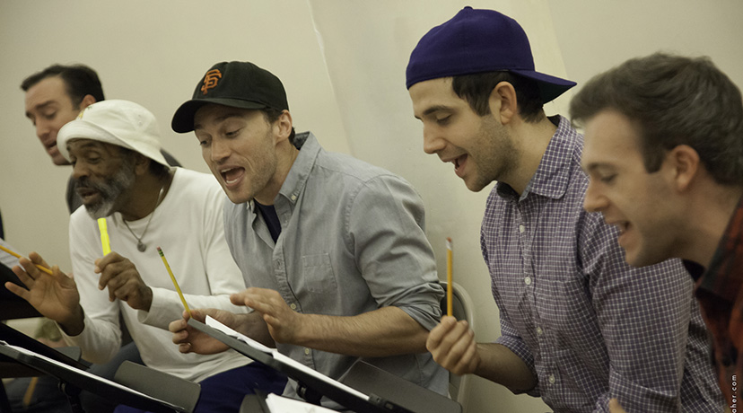 Chris Hoch, André De Shields, Bryce Pinkham, Santino Fontana and Jeremy Morse in rehearsal