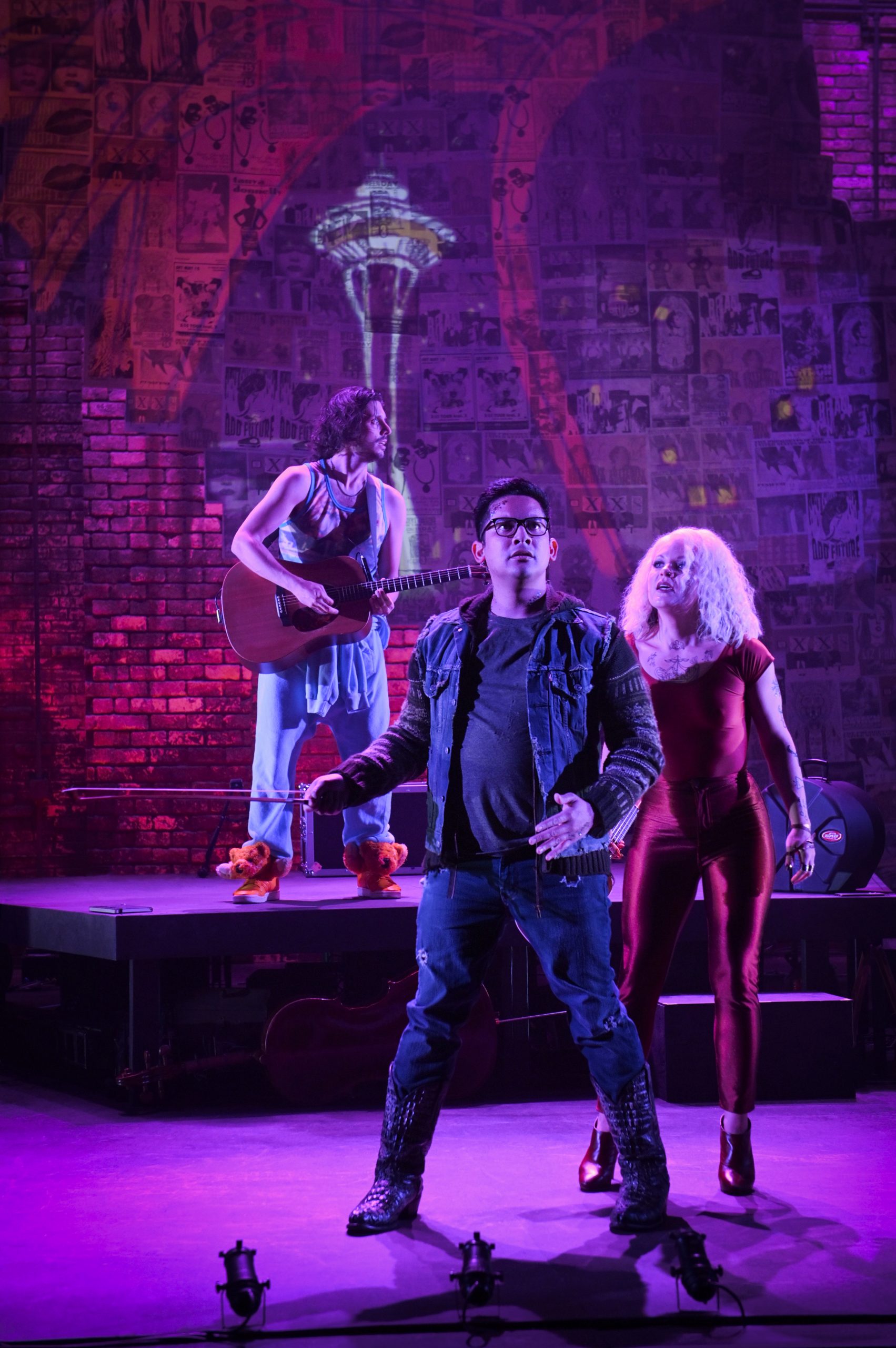 Left to right: William A. Williams, Justin Huertas, Kiki DeLohr in Lizard Boy at Seattle Rep. Photo: Kevin Berne