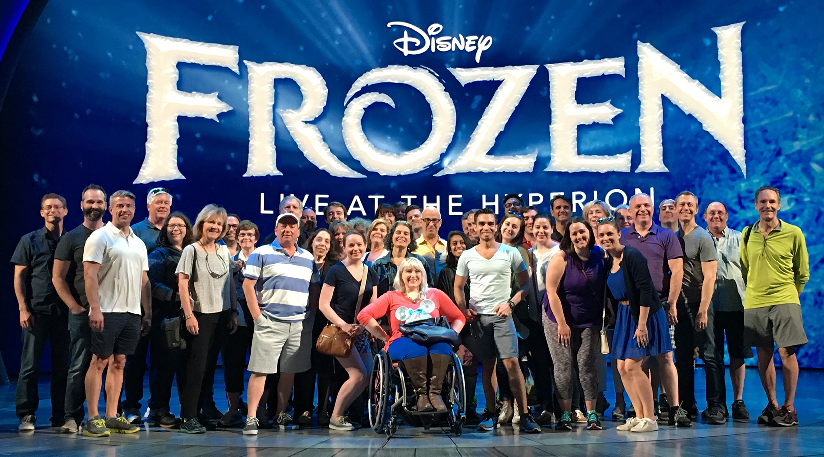 Our group after seeing the new live stage musical Frozen with a panel discussion by the creative and producing team and a backstage tour.