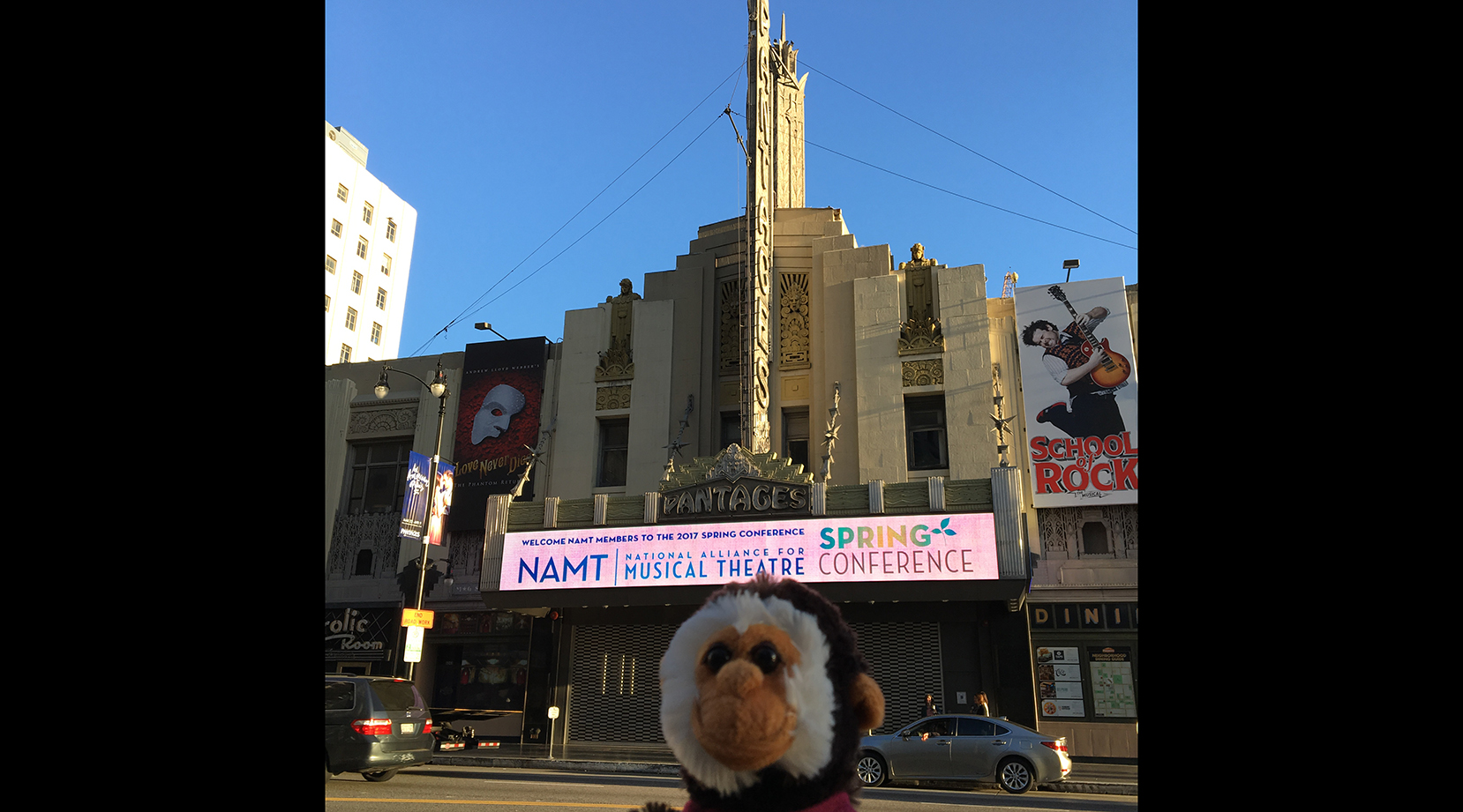 The marquee of the Pantages, welcoming us to Hollywood! (Special appearance by our social media mascot (from The Drowsy Chaperone, Festival 2004).