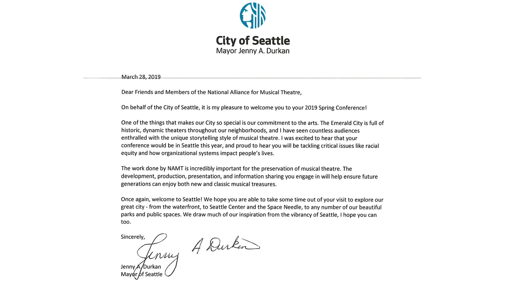 Welcome Letter from the Mayor of Seattle