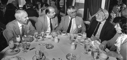 Harold Prince (2nd from right) with NAMT members at the 1987 NAMT Conference. (Photo by Daniel Root, Steve Friedman and Associates)